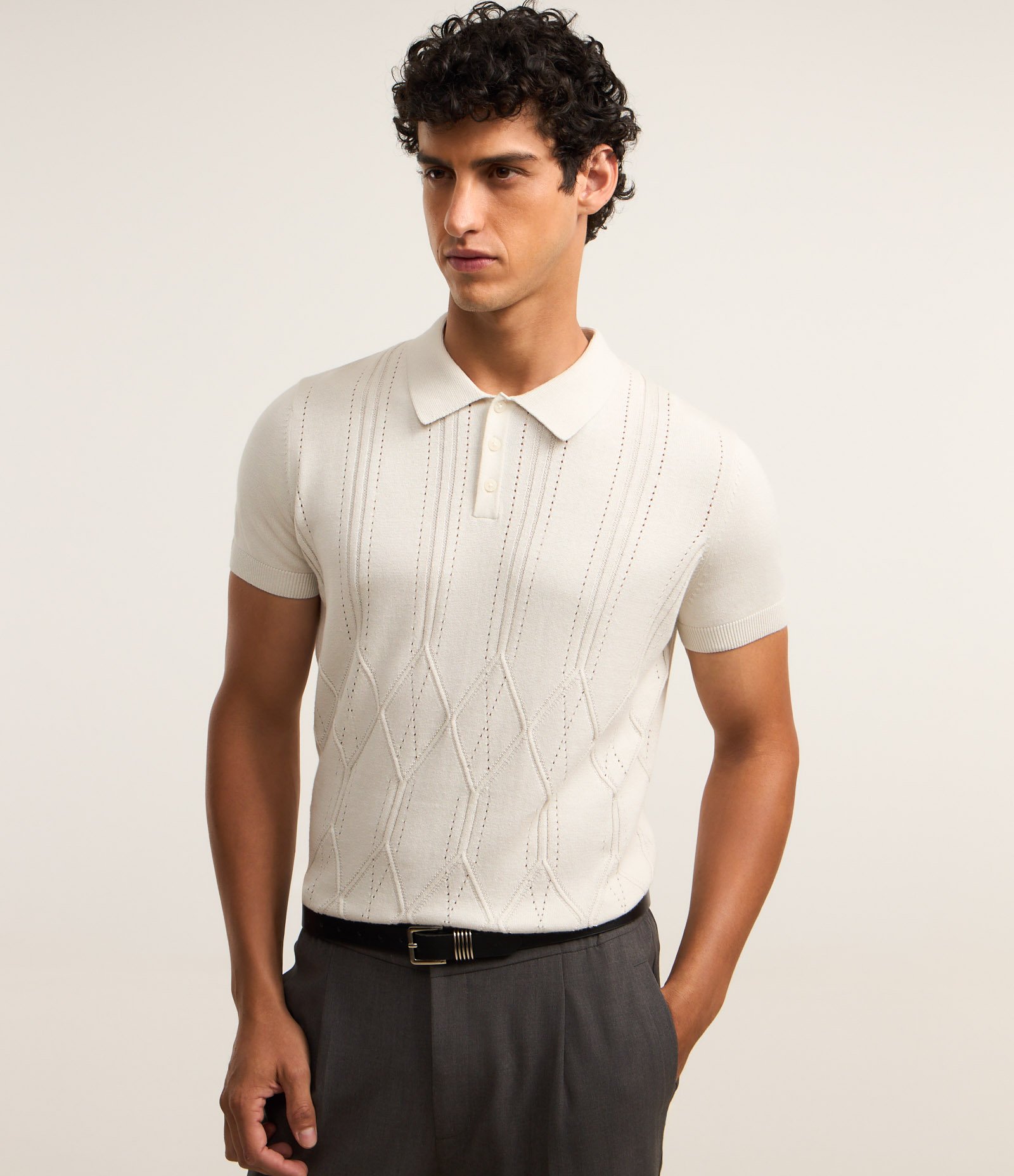 Camiseta Polo em Tricô com Textura Geométrica Branco 1