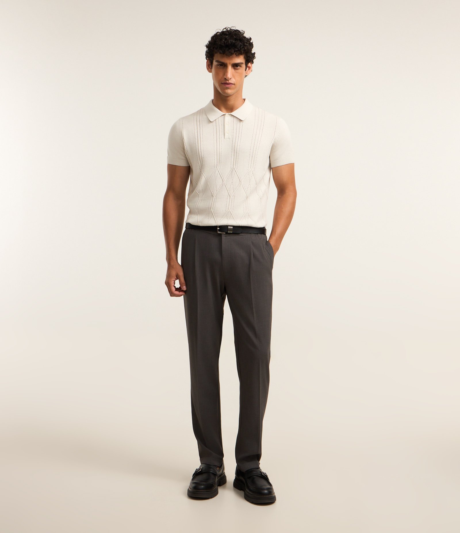 Camiseta Polo em Tricô com Textura Geométrica Branco 2