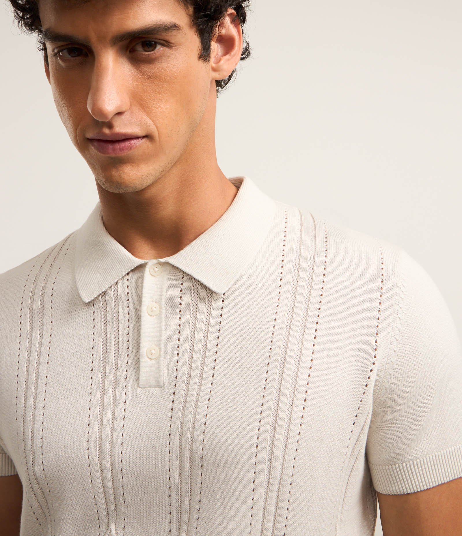 Camiseta Polo em Tricô com Textura Geométrica Branco 3