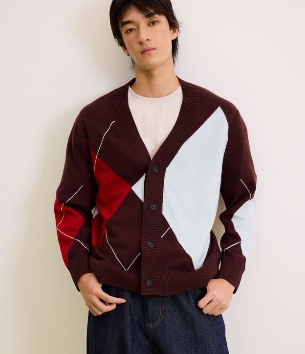 Cardigan em Tricô com Estampa Geométrica