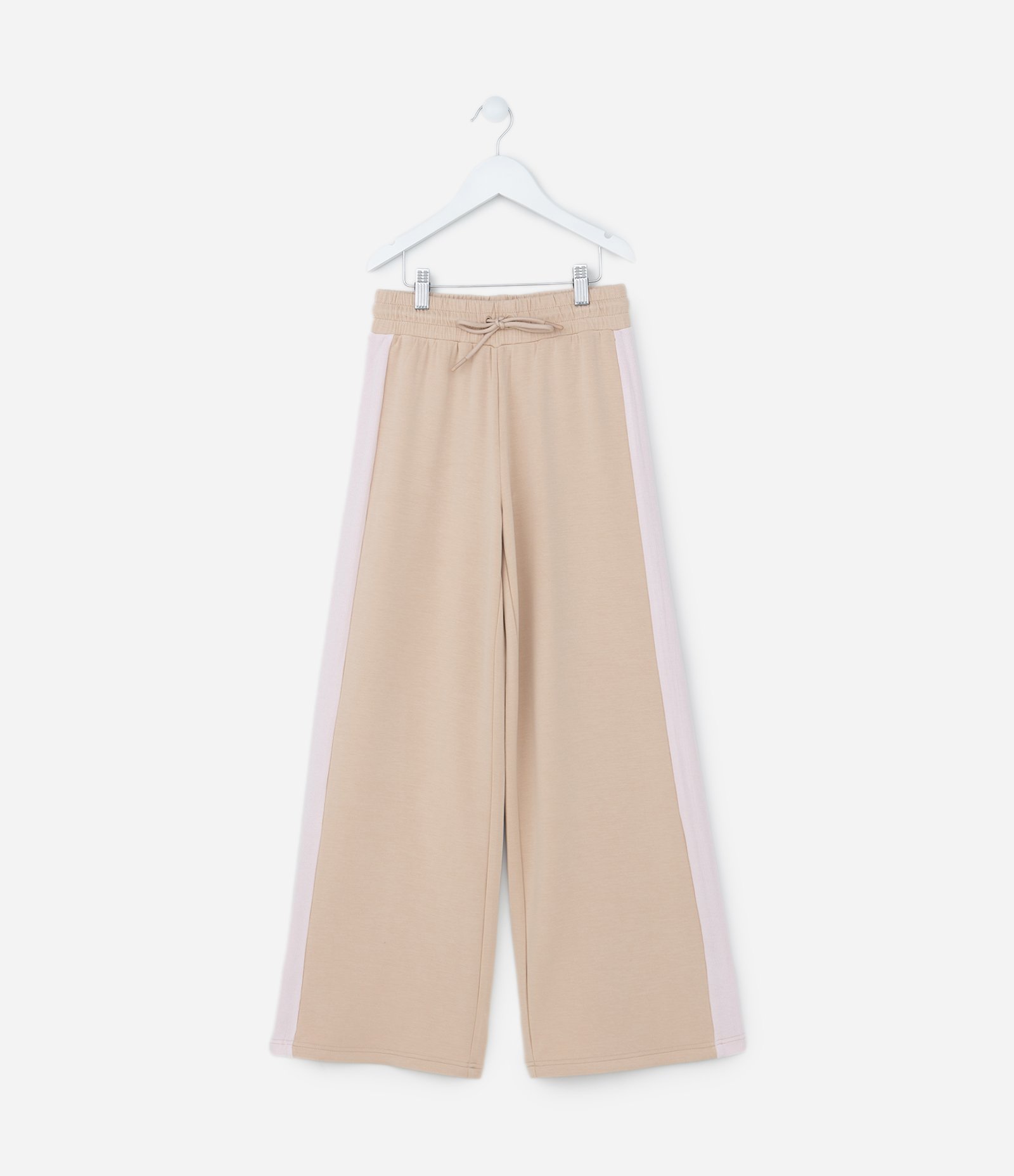 Calça Wide Leg Infantil em Modal com Listra Lateral - Tam 5 a 14 Anos Bege 1