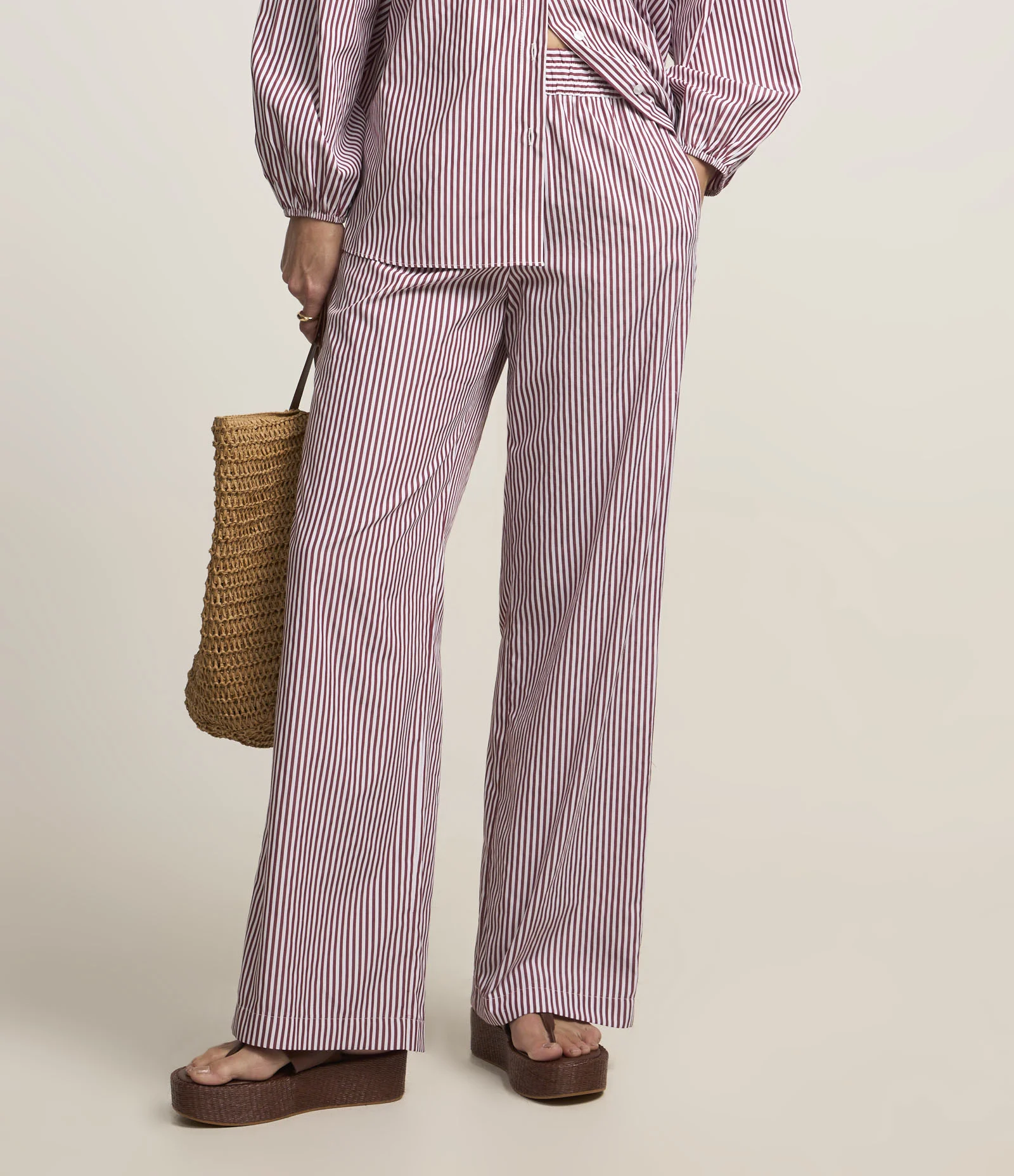 Calça Reta em Tricoline Listrada Vermelho 1