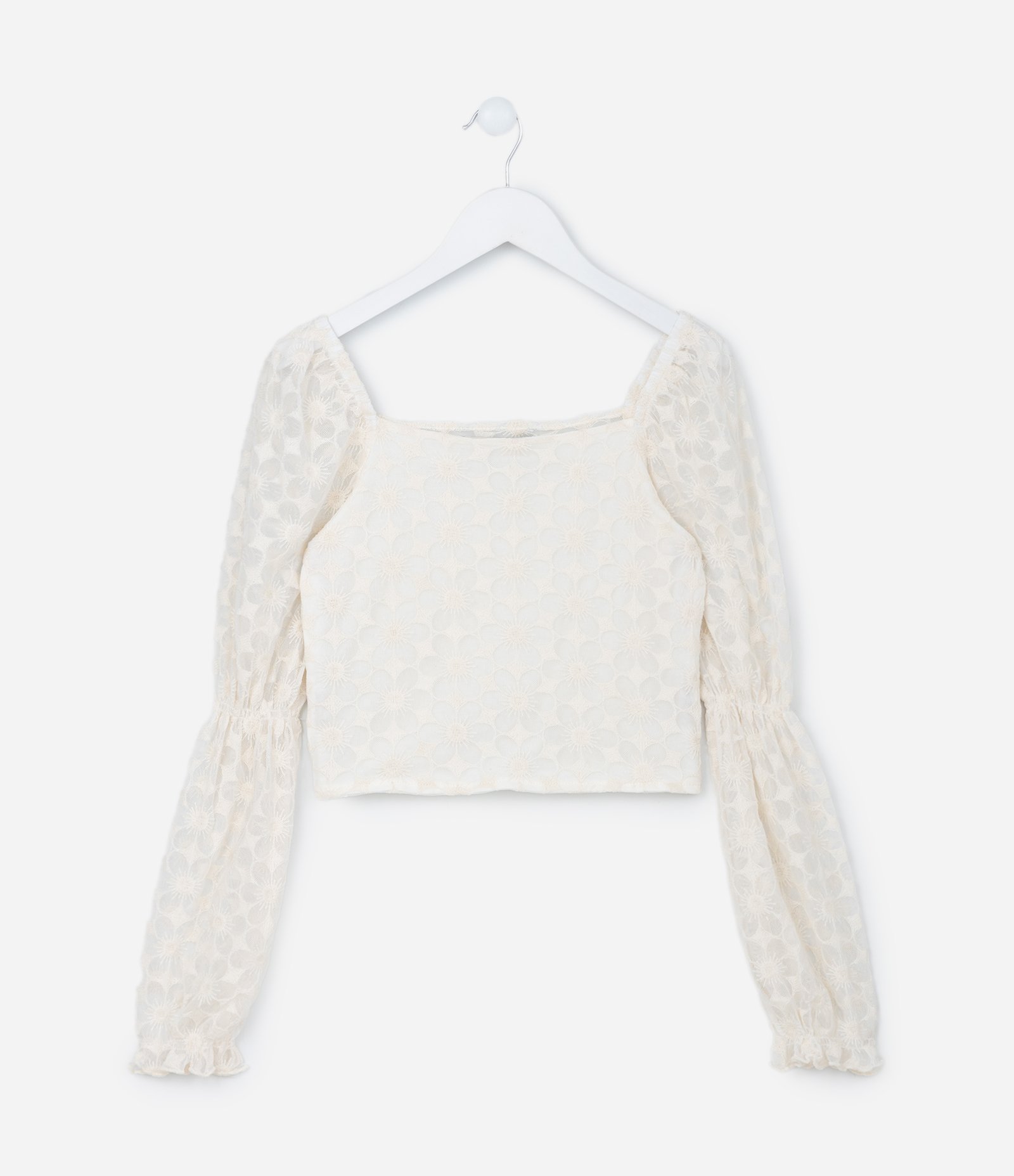 Blusa Cropped Infantil em Tule com Textura Floral - Tam 5 a 14 Anos Bege 1