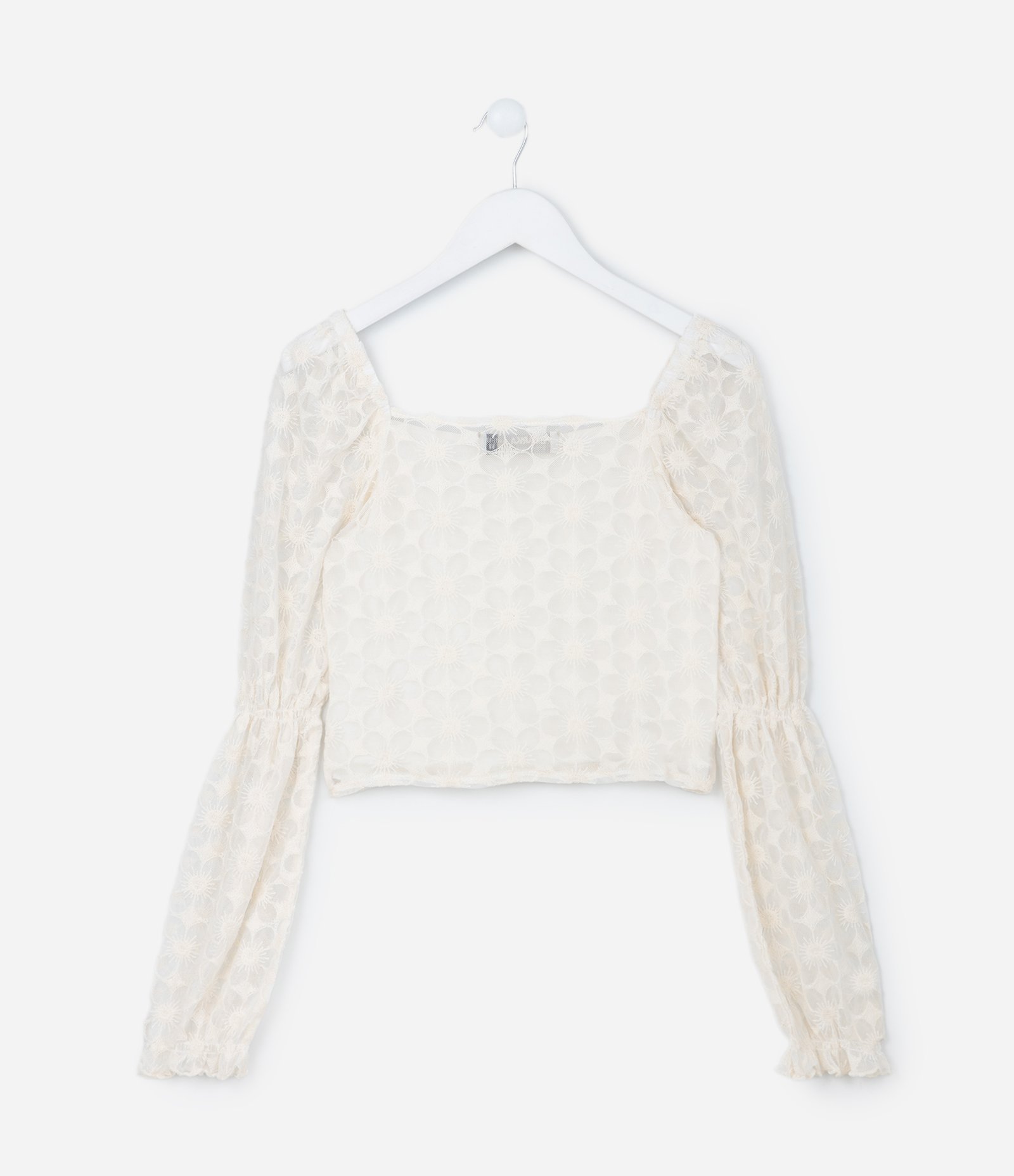 Blusa Cropped Infantil em Tule com Textura Floral - Tam 5 a 14 Anos Bege 2
