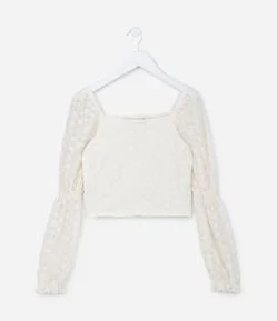 Blusa Cropped Infantil em Tule com Textura Floral - Tam 5 a 14 Anos