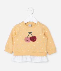 Blusão Infantil com Babado Contrastante e Cerejas Bordadas - Tam 0 a 18 meses