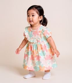 Vestido Infantil com Babadinhos e Estampa Floral - Tam 0 a 18 meses
