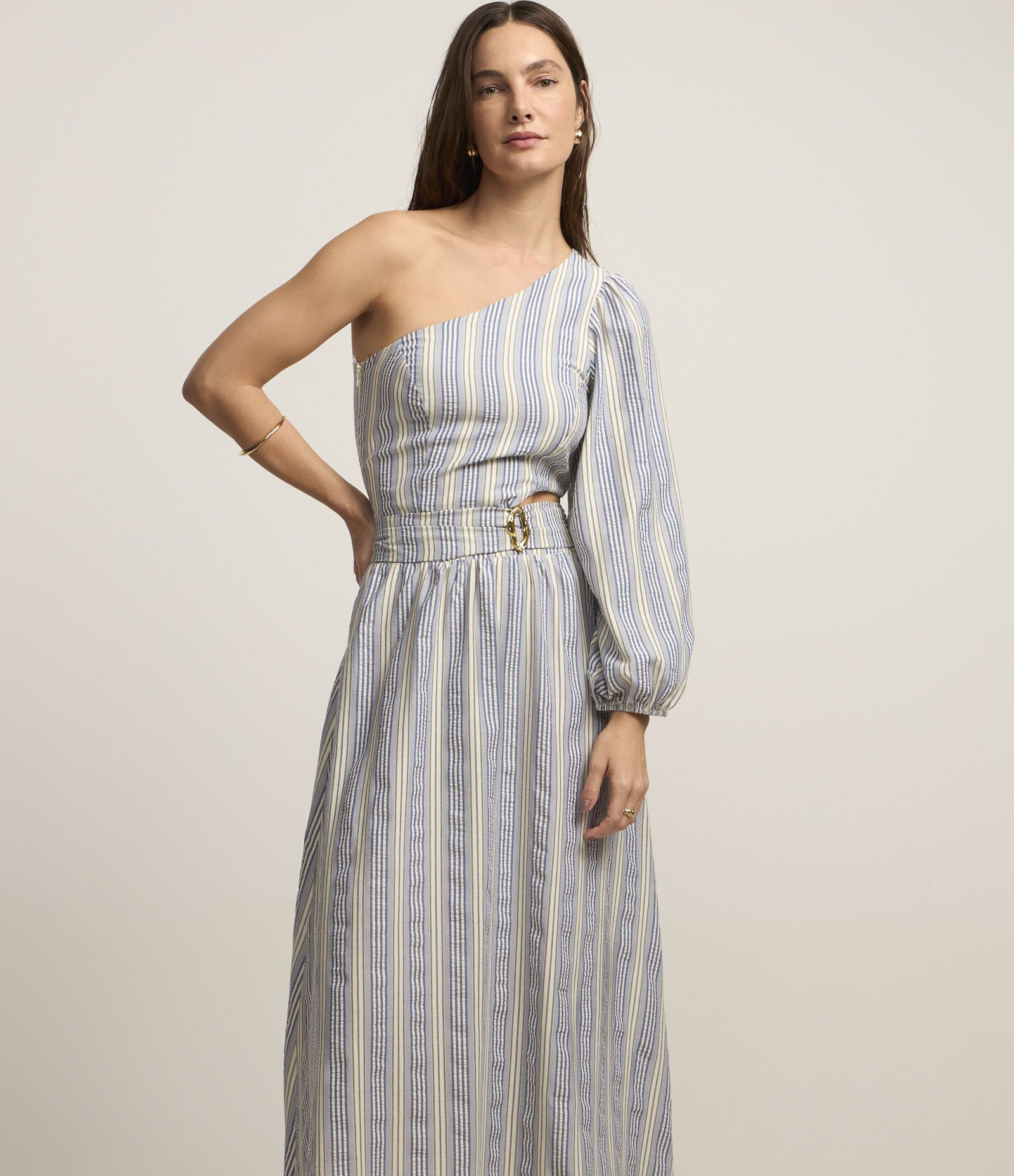 Vestido Ombro a Ombro em Tricoline Listrado com Vazado Azul 1