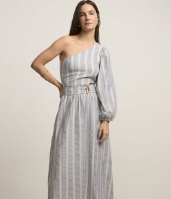 Vestido Ombro a Ombro em Tricoline Listrado com Vazado