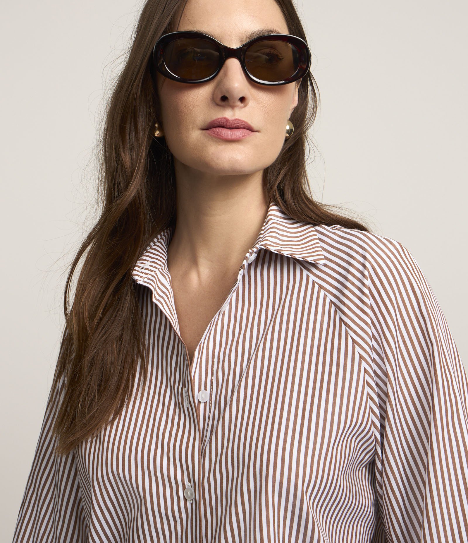 Camisa Listrado em Tricoline com Cava Raglan Marrom/Branco 3