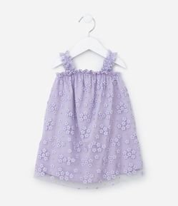 Vestido Infantil em Tule com Estampa de Florzinhas com Glitter - Tam 0 a 18 meses