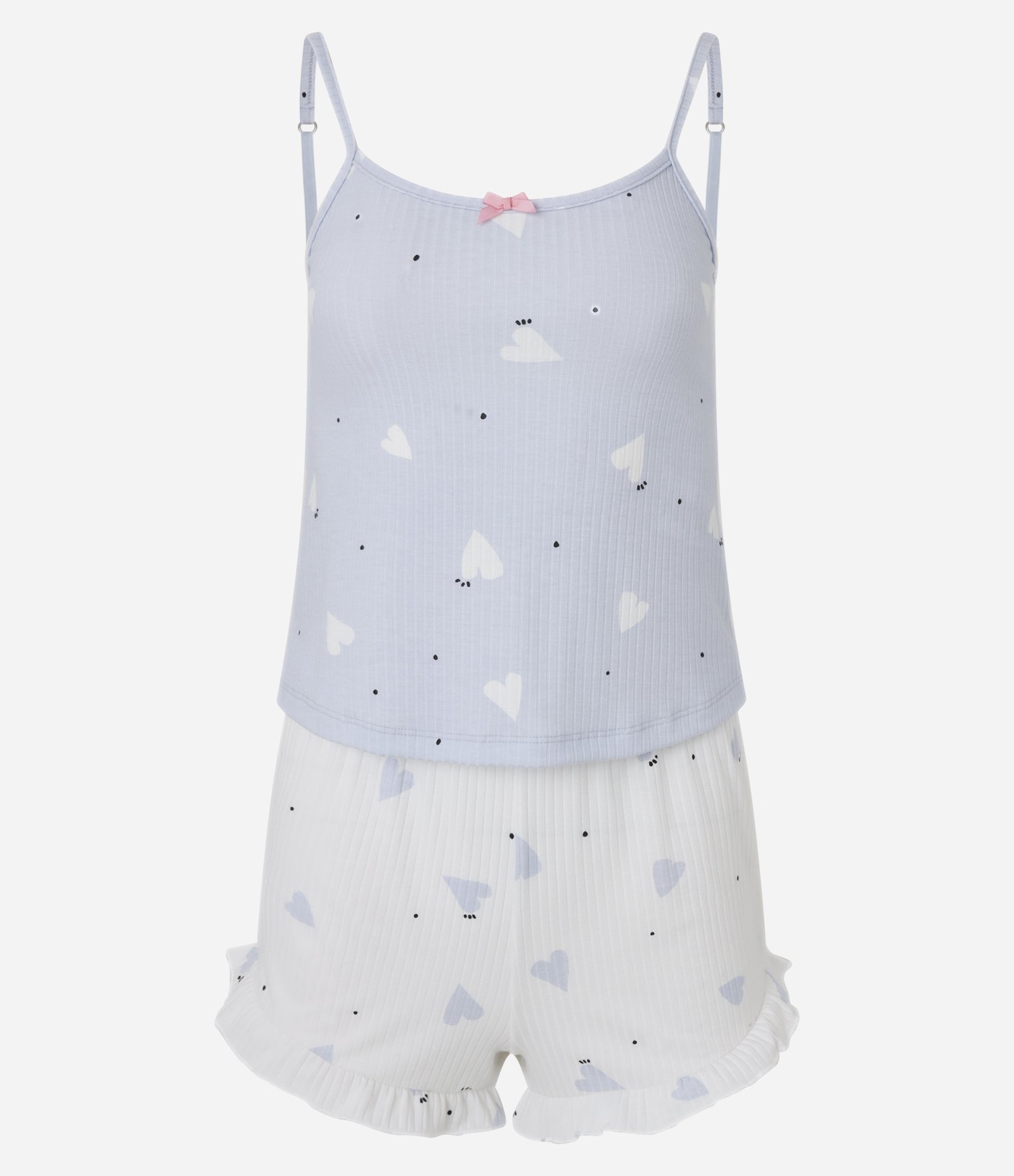 Pijama Short Doll em Ribana com Estampa Corações Azul/Branco 5
