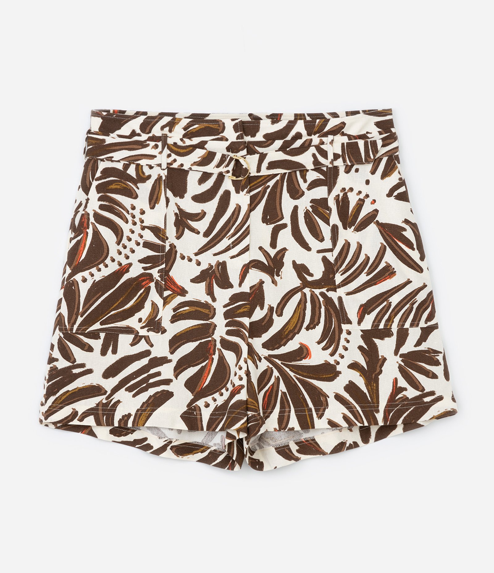 Short com Linho Estampa de Folhas e Cinto Curve & Plus Size Bege/Marrom 5