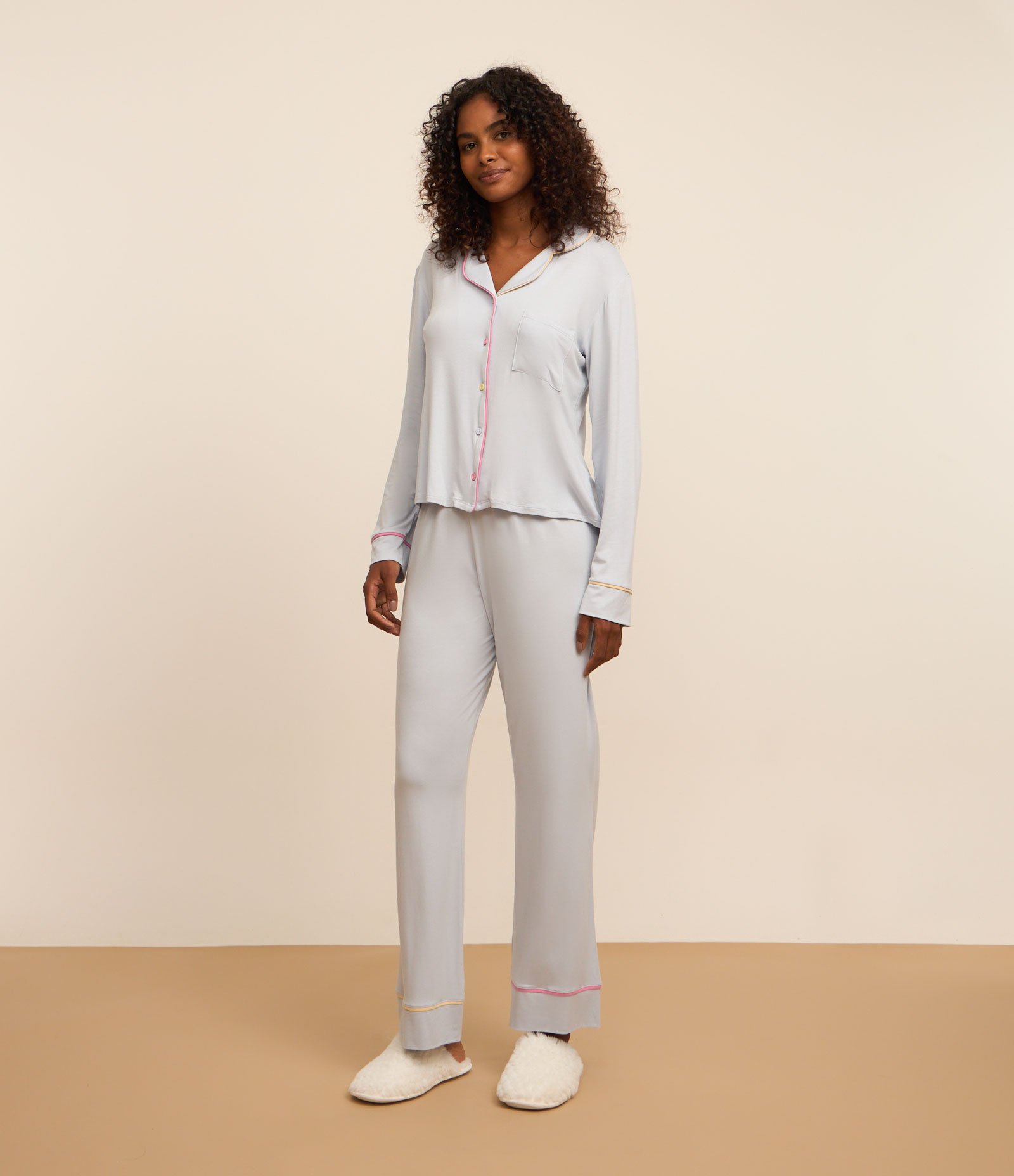 Pijama Americano em Viscolycra com Viés Contrastante Bicolor Azul 2