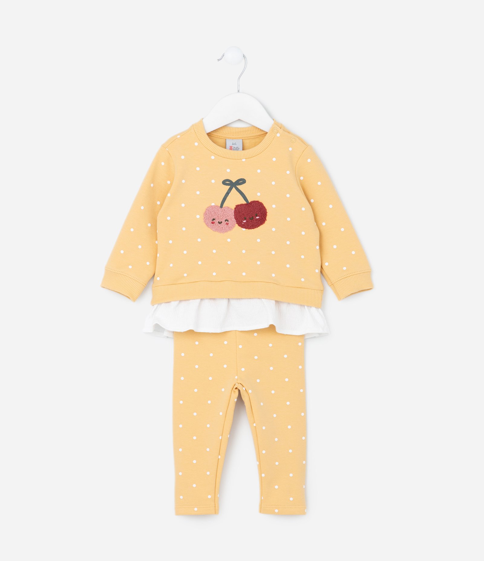 Conjunto Infantil Quentinho Poá com Babado e Bordado de Cereja - Tam 0 a 18 meses Amarelo 2