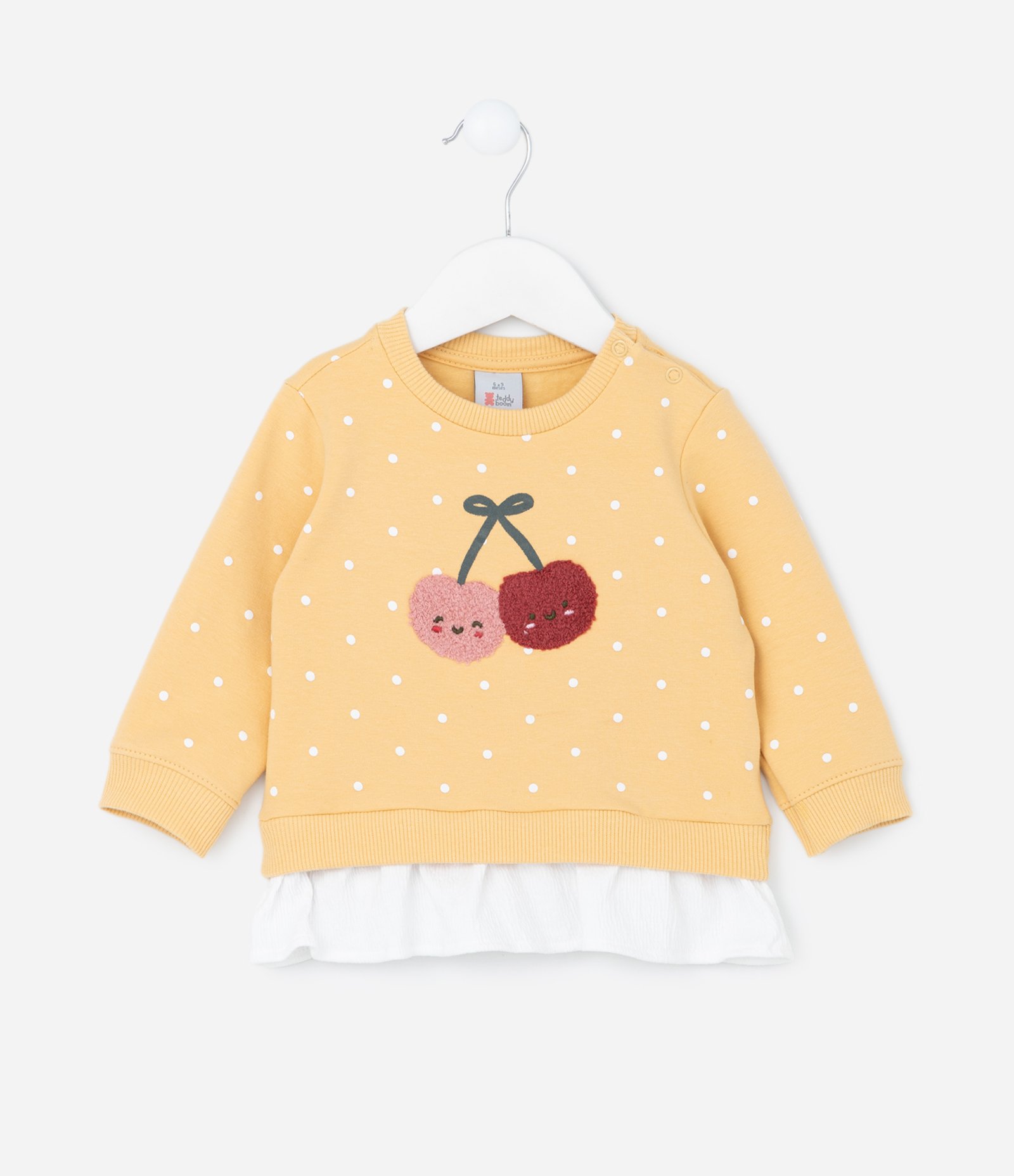 Conjunto Infantil Quentinho Poá com Babado e Bordado de Cereja - Tam 0 a 18 meses Amarelo 3