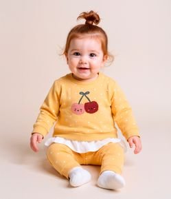 Conjunto Infantil Quentinho Poá com Babado e Bordado de Cereja - Tam 0 a 18 meses