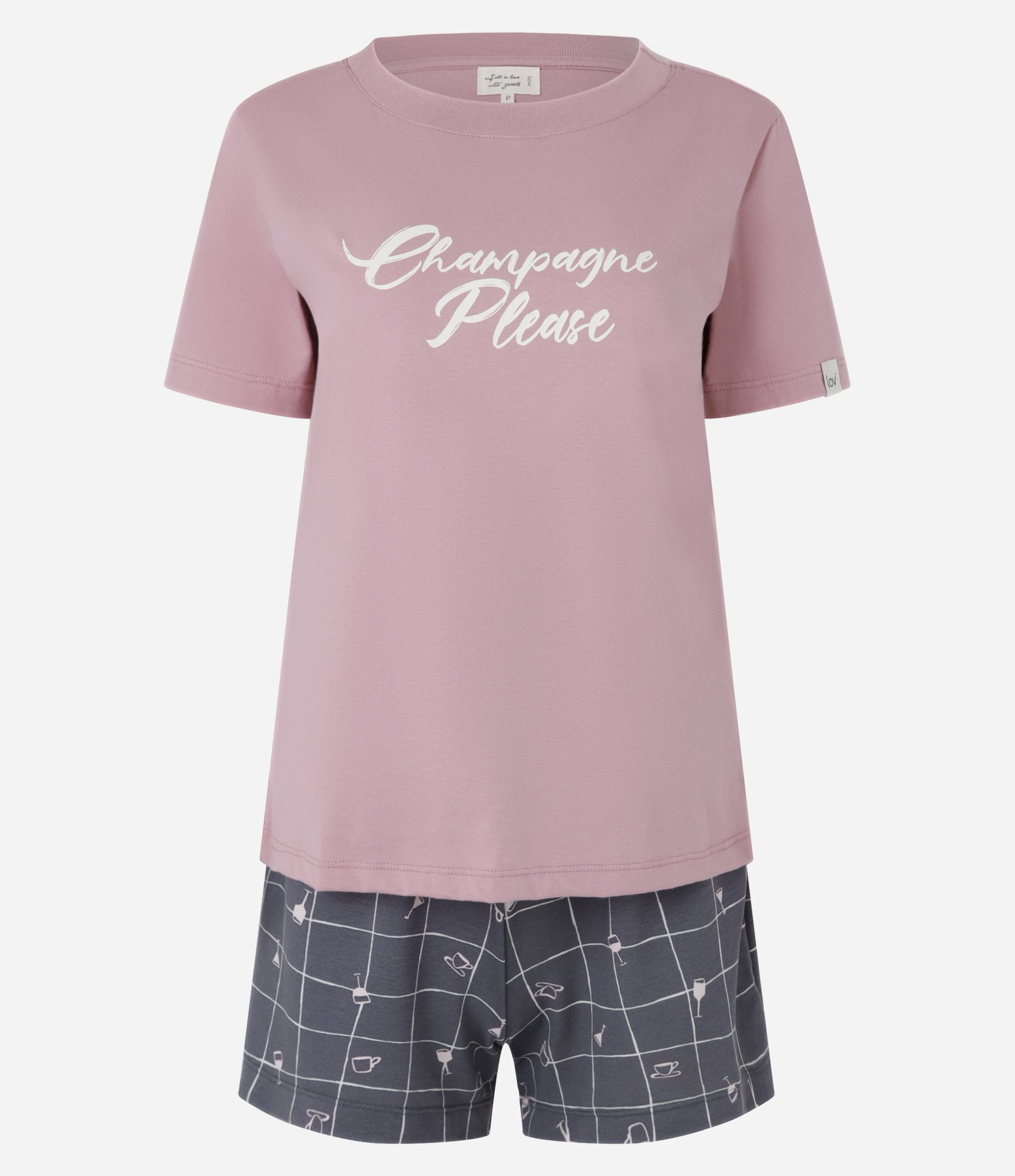 Pijama Short Doll com Lettering Champagne Please Rosa/Cinza 4