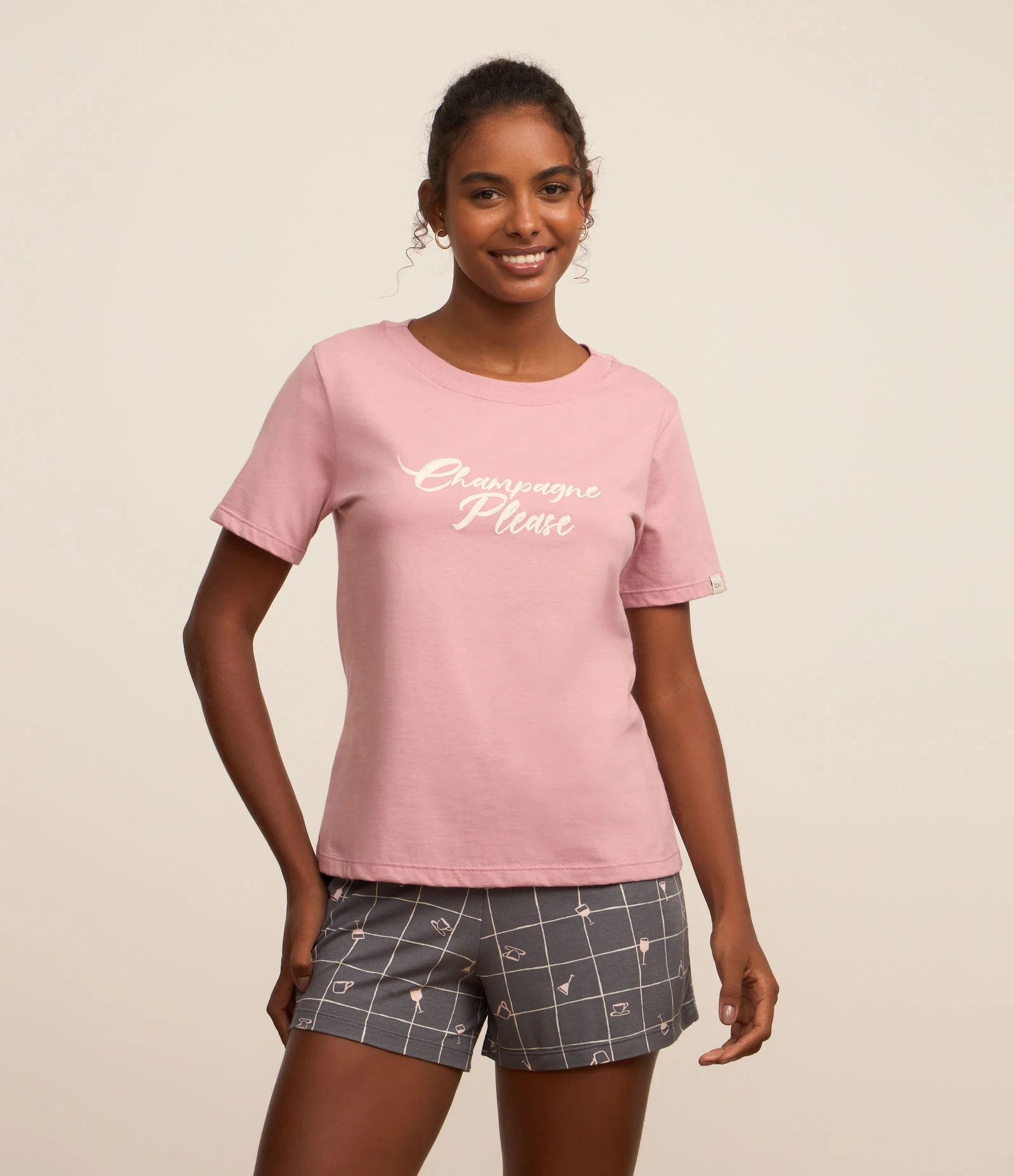Pijama Short Doll com Lettering Champagne Please Rosa/Cinza 1