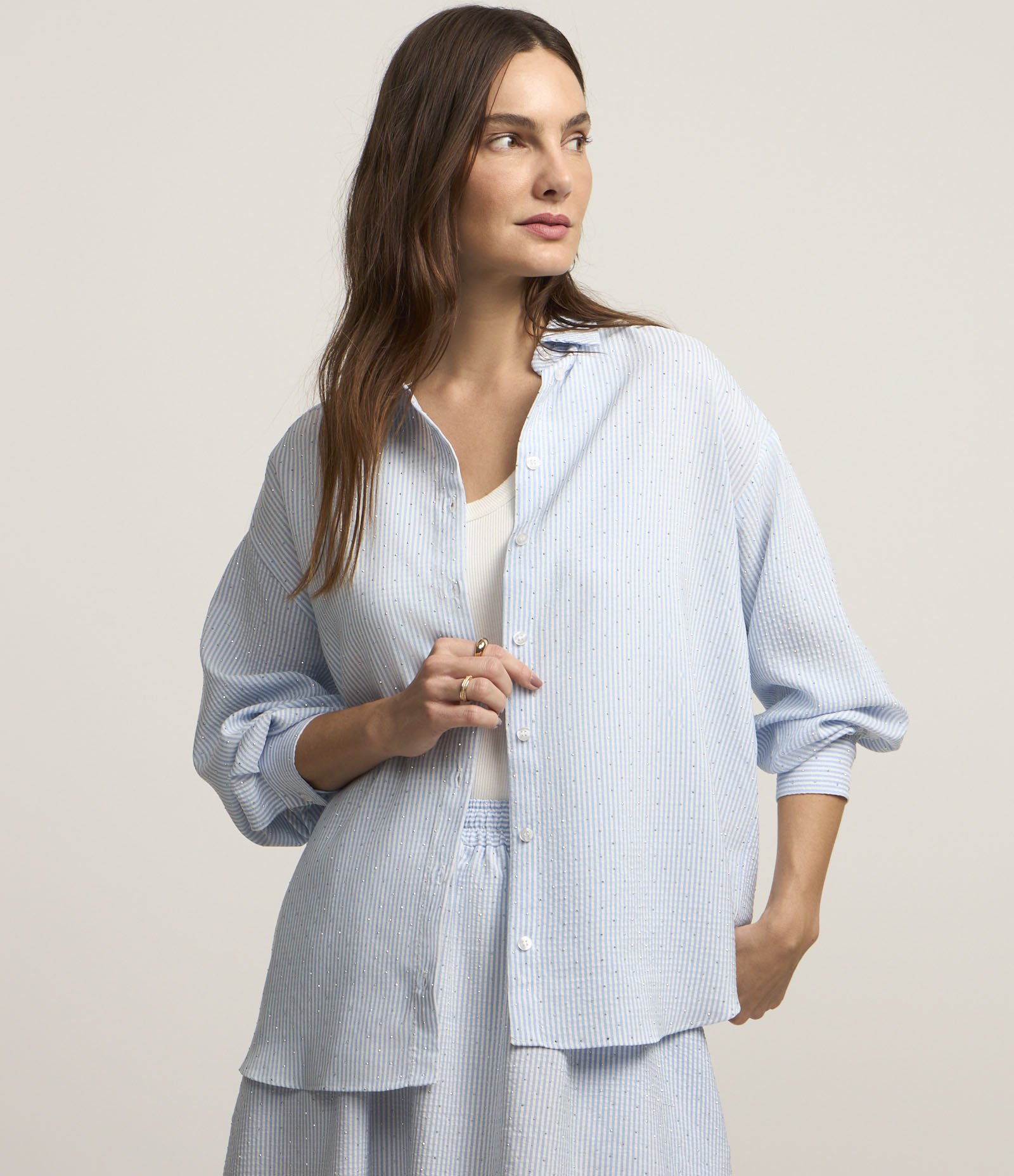 Camisa em Tricoline com Estampa Listrada Azul 2