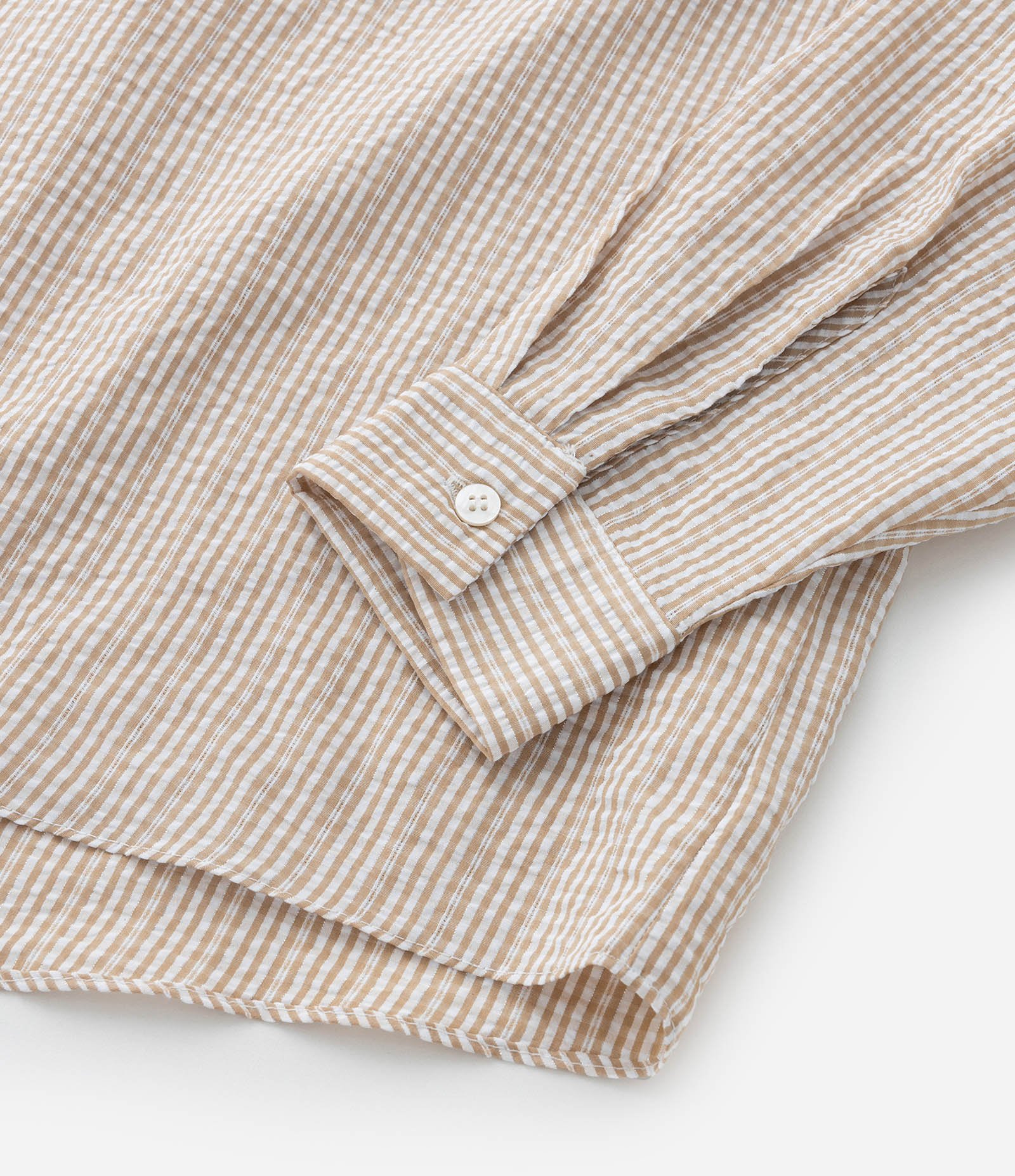 Camisa Tricoline Listrada e Fio Metalizado Curve & Plus Size Bege 6