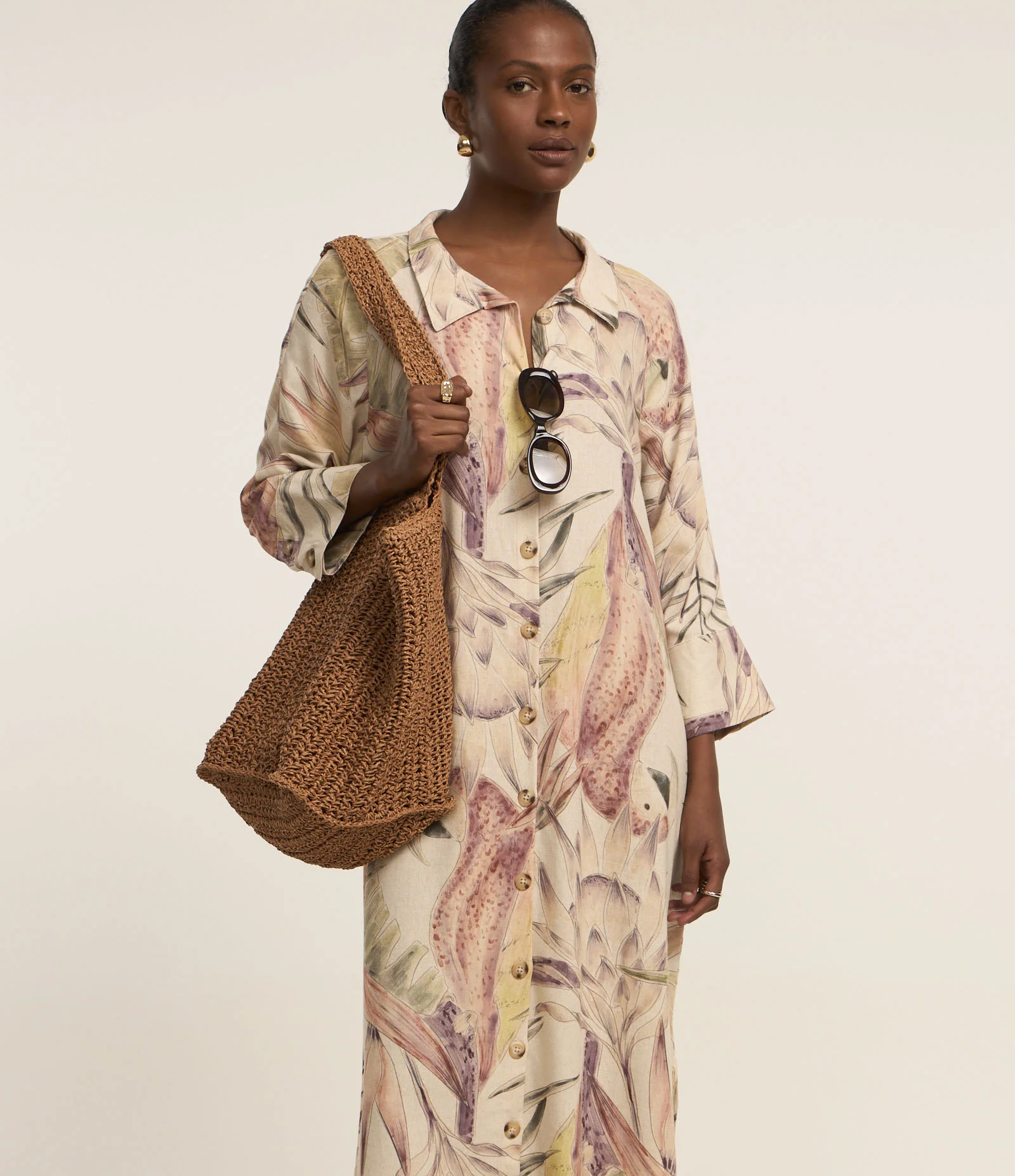 Vestido Chemise Midi em Viscolinho com Estampa Natural Multicores 1