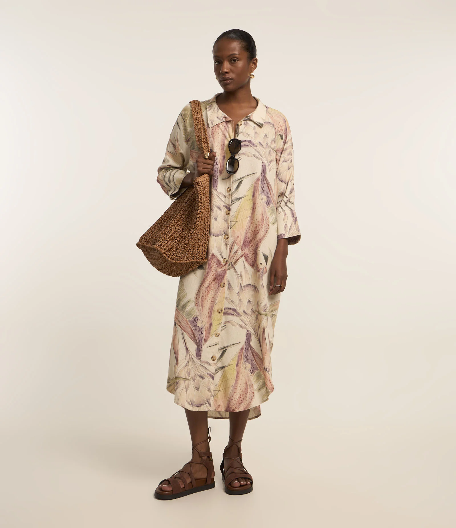 Vestido Chemise Midi em Viscolinho com Estampa Natural Multicores 2