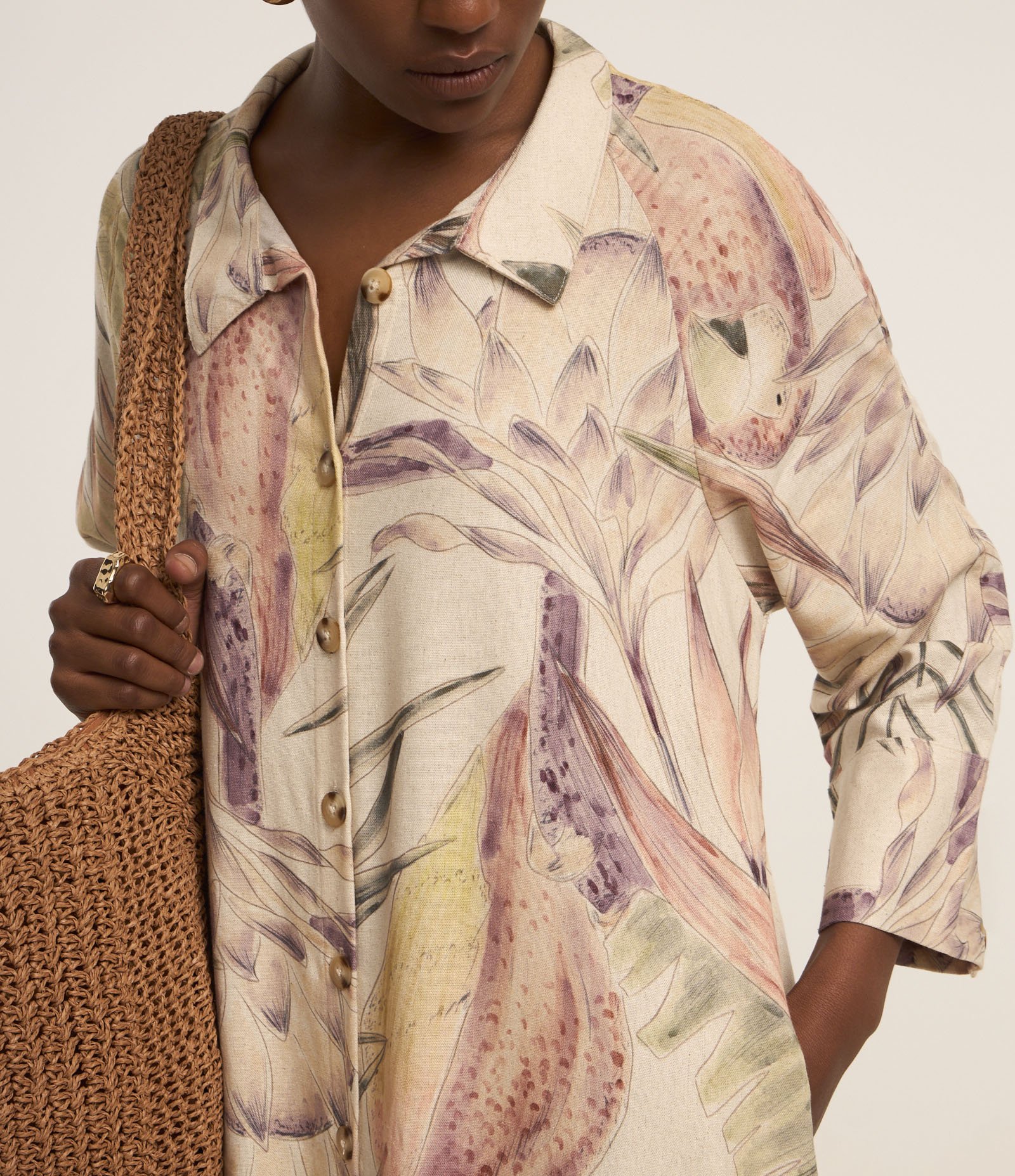 Vestido Chemise Midi em Viscolinho com Estampa Natural Multicores 4