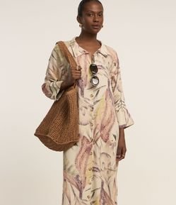 Vestido Chemise Midi em Viscolinho com Estampa Natural