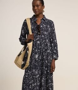 Vestido Evasê Midi em Viscose com Estampa Poá Diferenciada