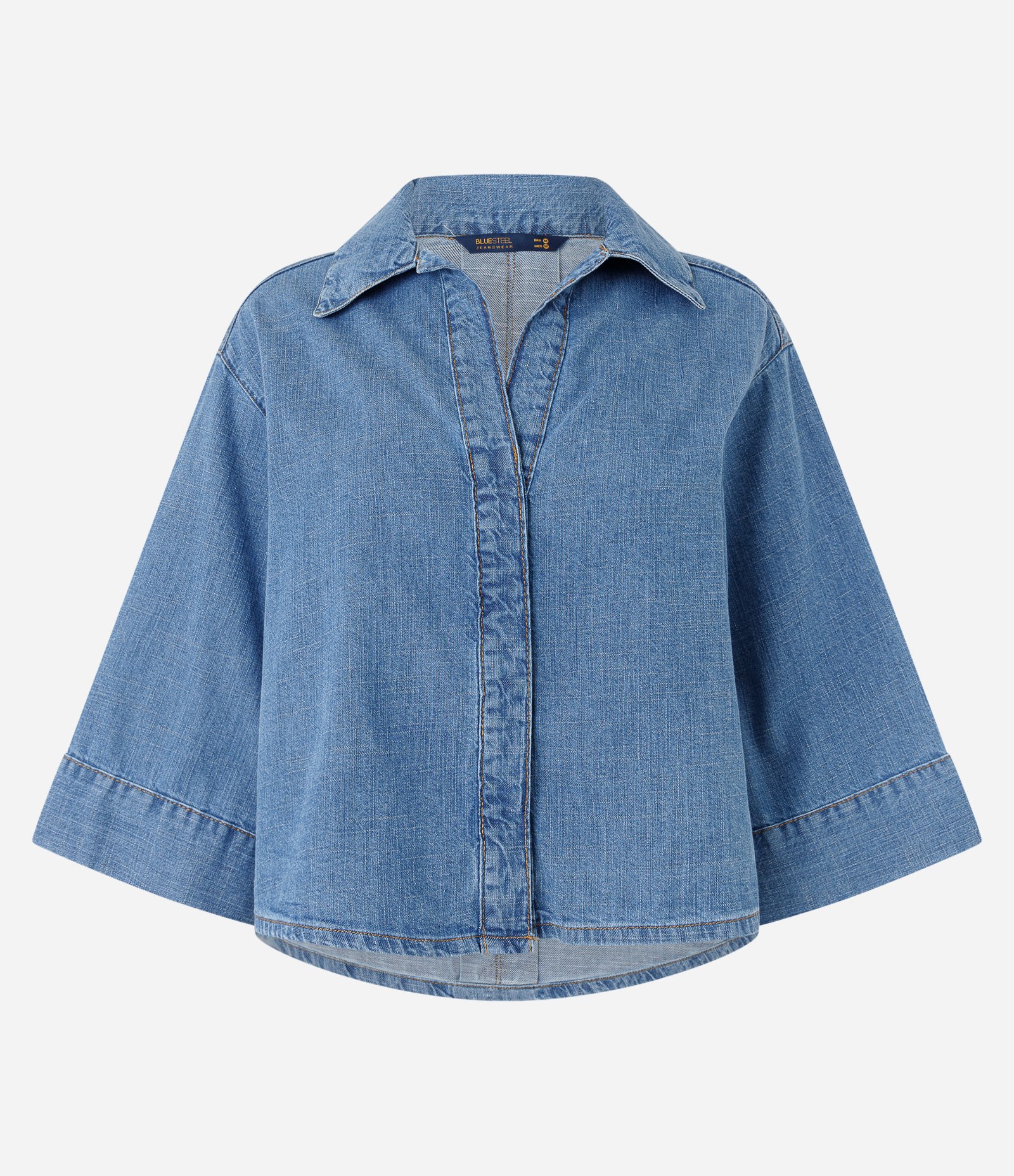 Camisa em Jeans com Botões Ocultos e Manga Ampla Azul 1