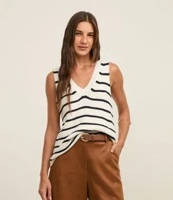 Colete Listrado em Tricô com Gola V