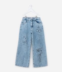 Calça Wide Leg Infantil com Estampa Laços e Cerejas - Tam 5 a 14 Anos
