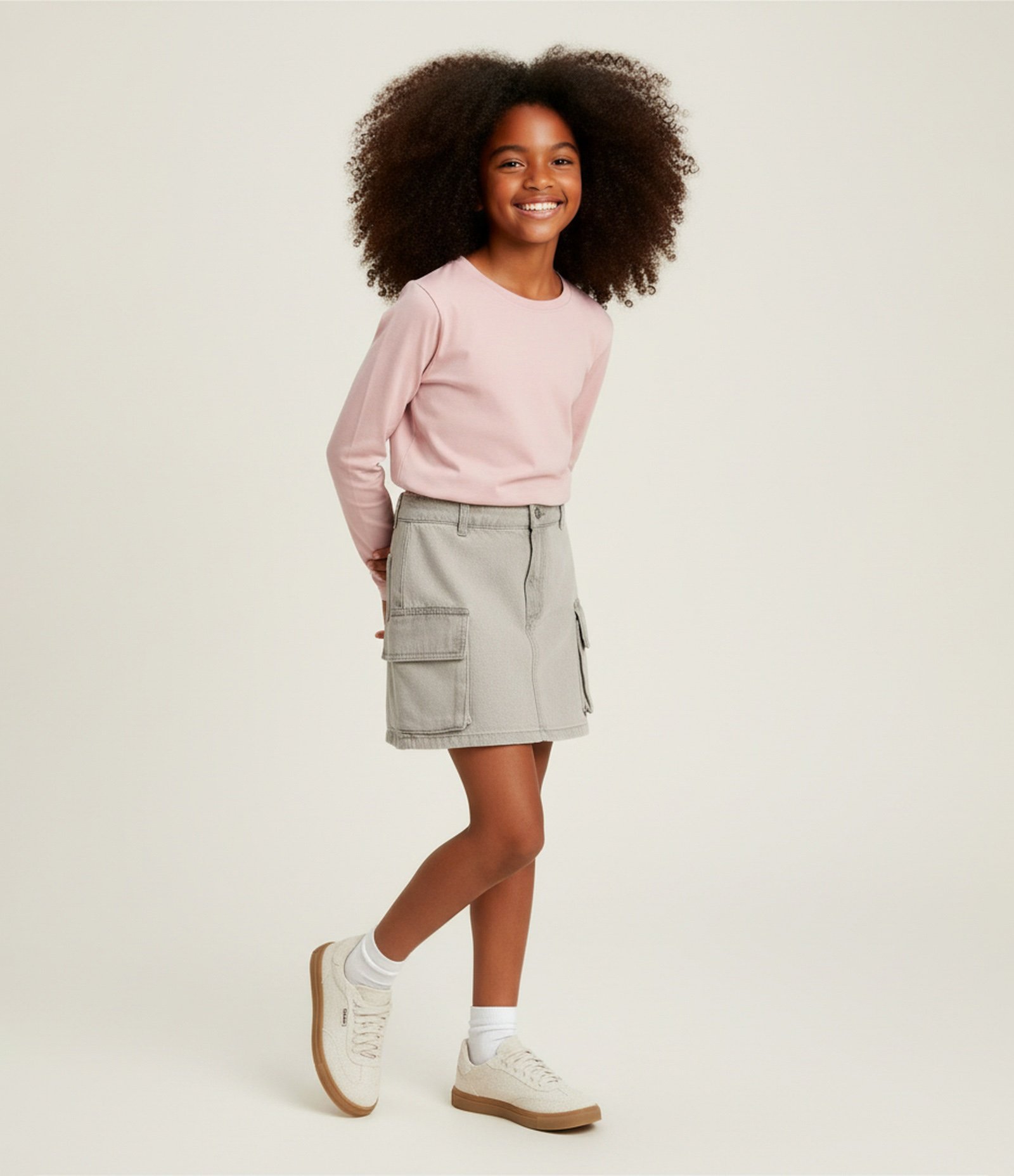 Saia Infantil em Jeans com Bolsos Cargo - Tam 7 a 14 Anos Bege 1