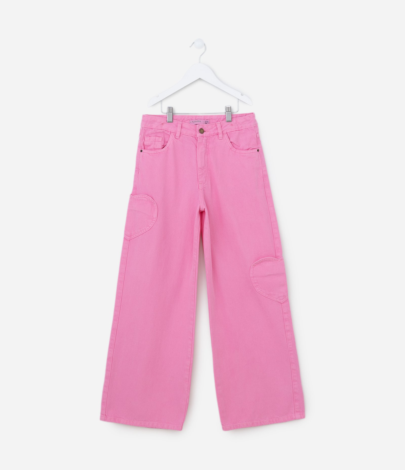 Calça Wide Leg Infantil com Bolsinhos Coração - Tam 5 a 14 Anos Rosa 1