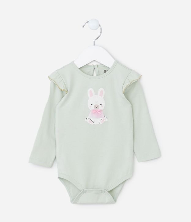 Body Infantil com Babados e Estampa Coelha - Tam 0 a 18 meses
