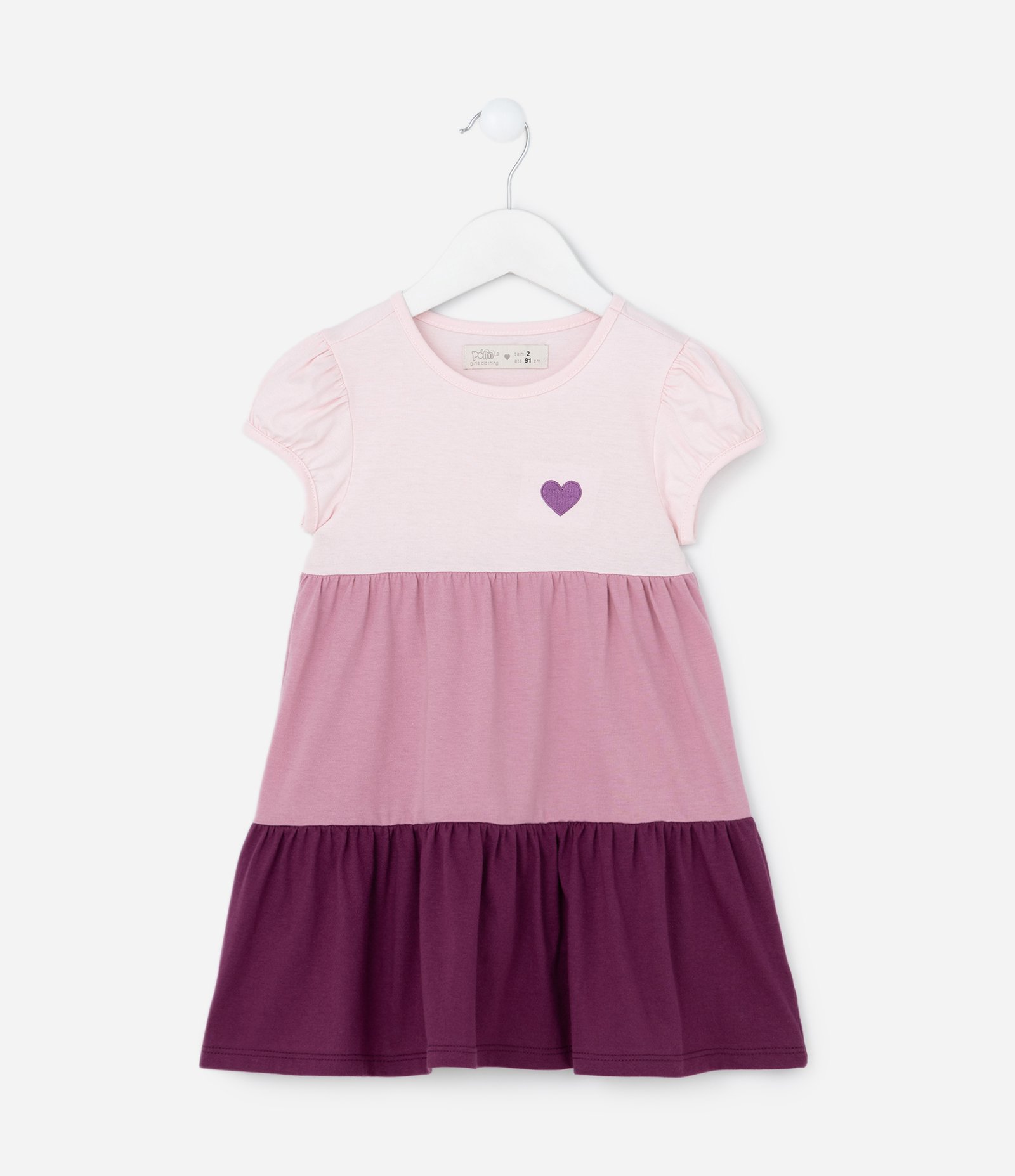 Vestido Marias Infantil com Bordado de Coração e Manga Bufante - Tam 1 a 5 Anos Rosa/Roxo 1