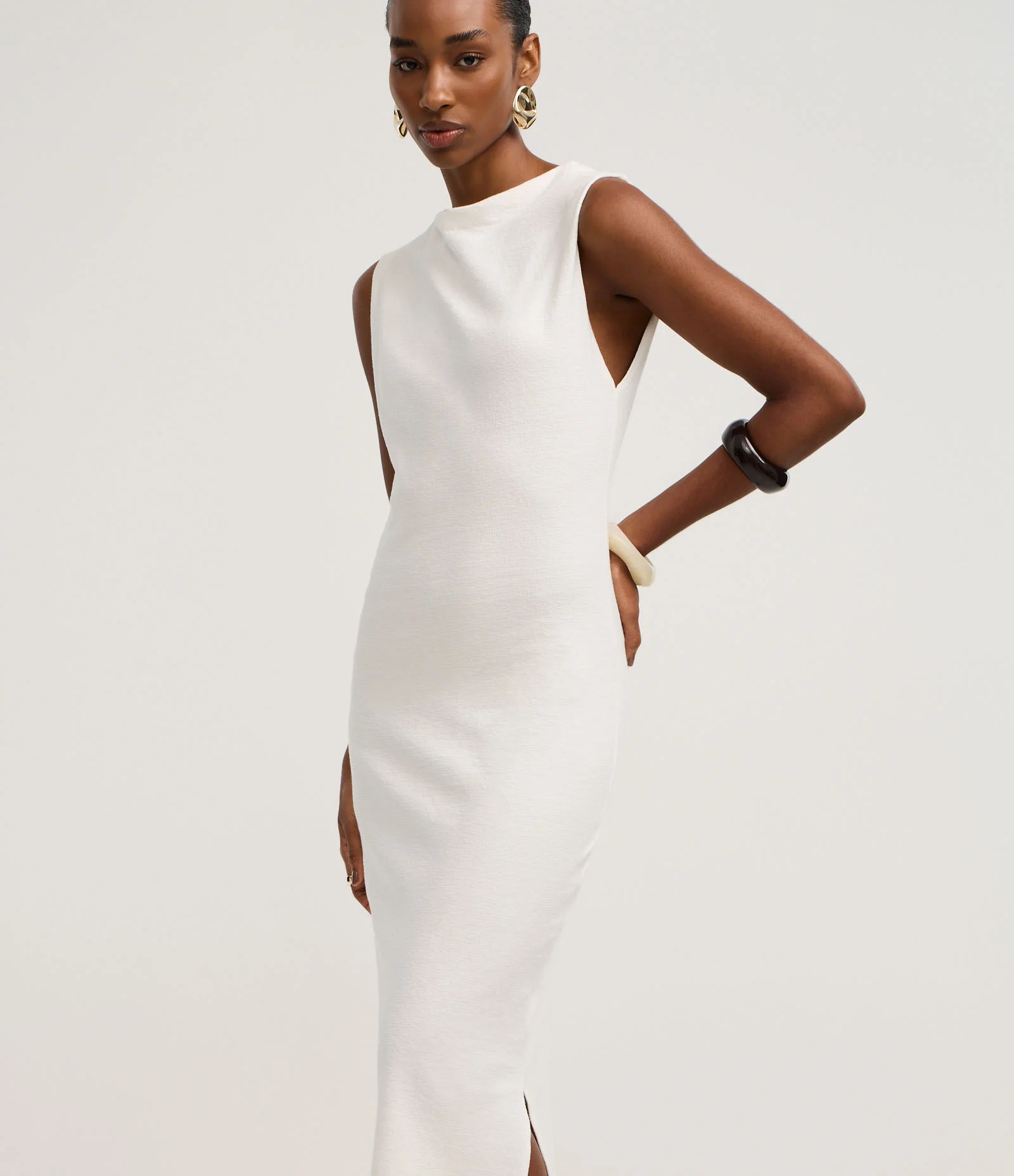 Vestido Midi Texturizado em Algodão com Fenda Branco 1