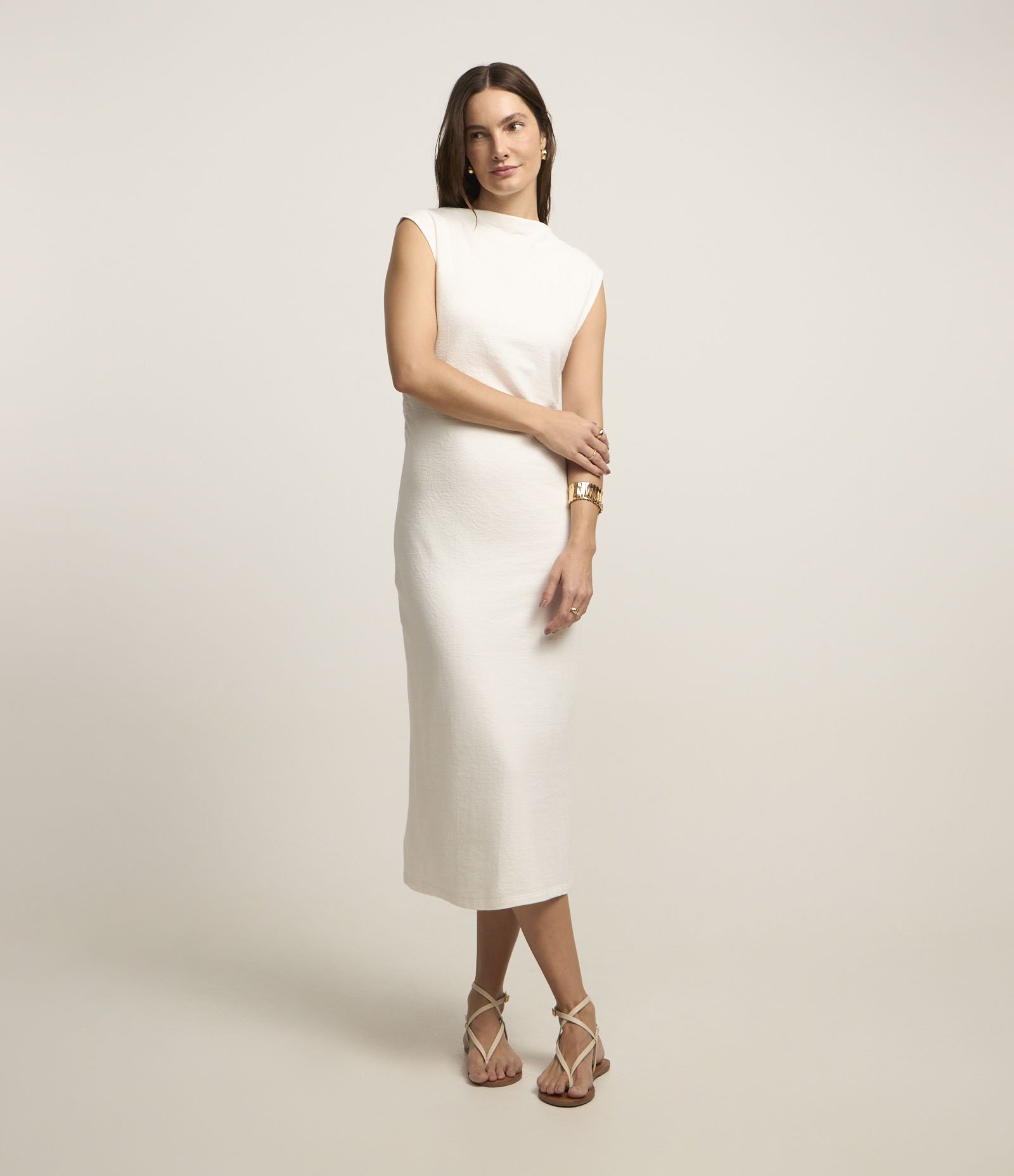 Vestido Midi Texturizado em Algodão com Fenda Branco 2