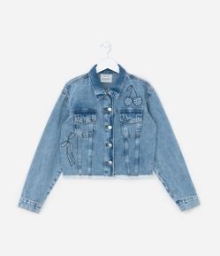 Jaqueta Curta Infantil em Jean com Brilhos Aplicados - Tam 5 a 14 Anos