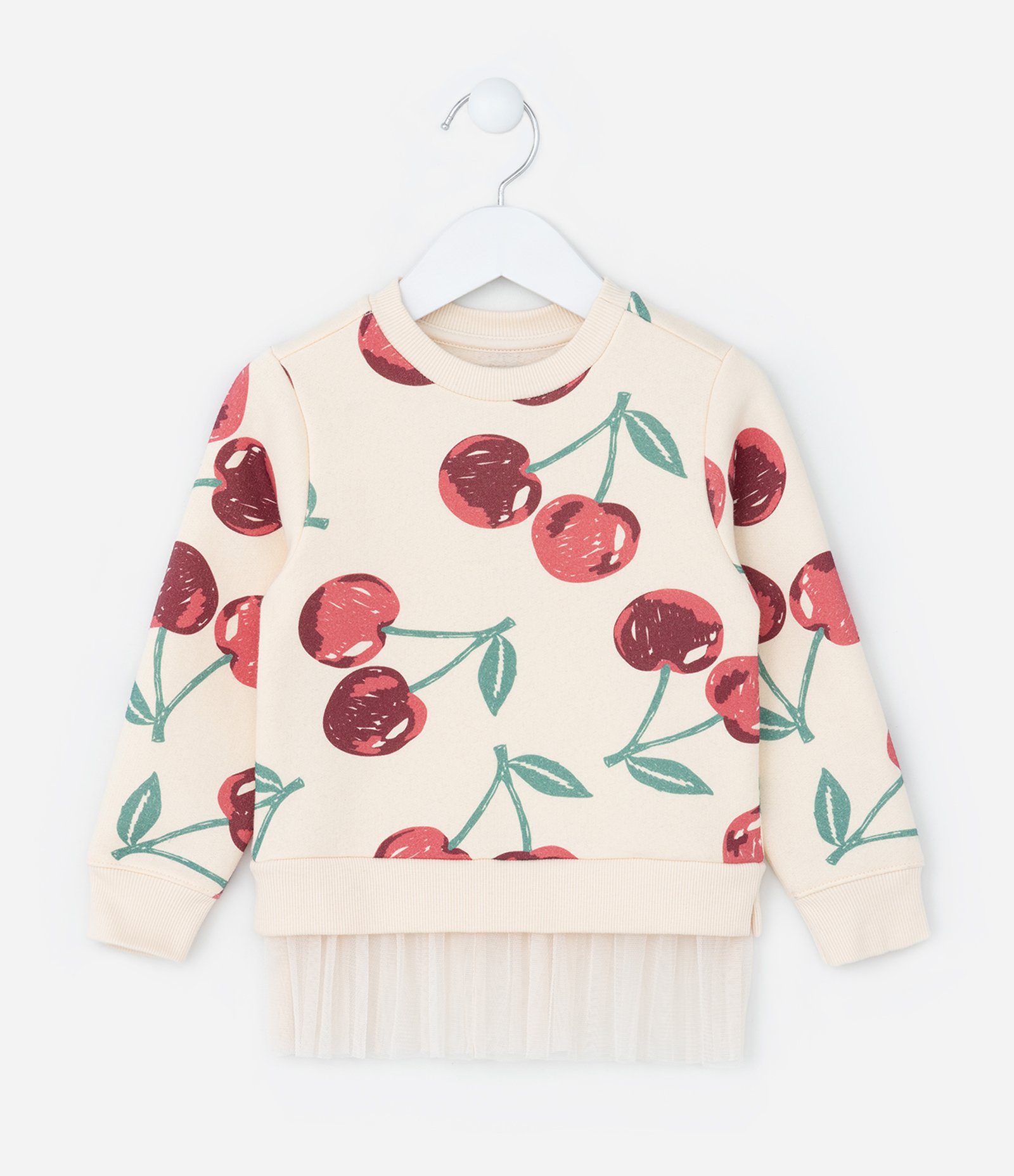 Conjunto em Moletom com Estampa de Cerejas e Babadinho de Tule - Tam 1 a 5/6 Anos Vermelho/Bege 11