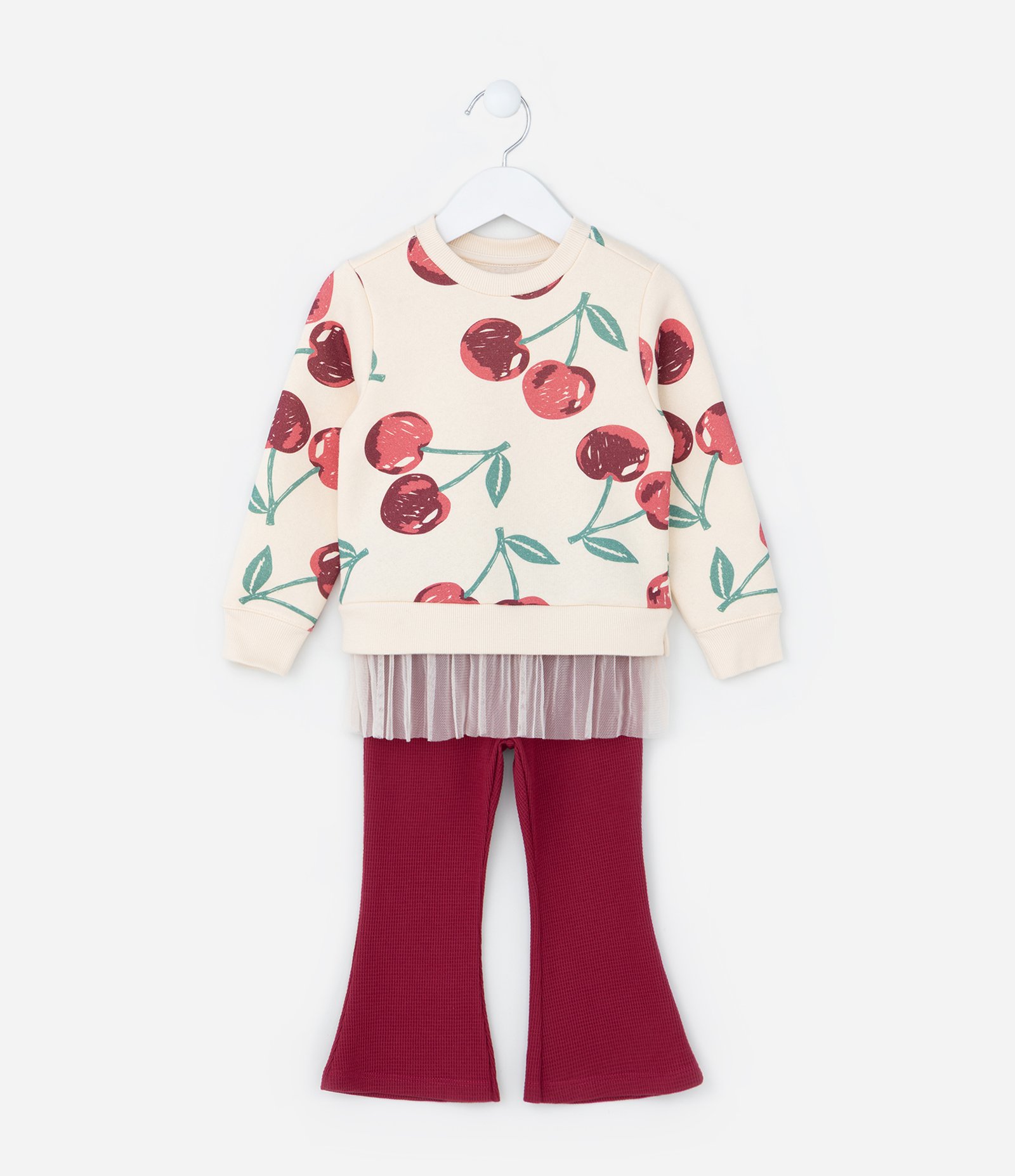 Conjunto em Moletom com Estampa de Cerejas e Babadinho de Tule - Tam 1 a 5/6 Anos Vermelho/Bege 1