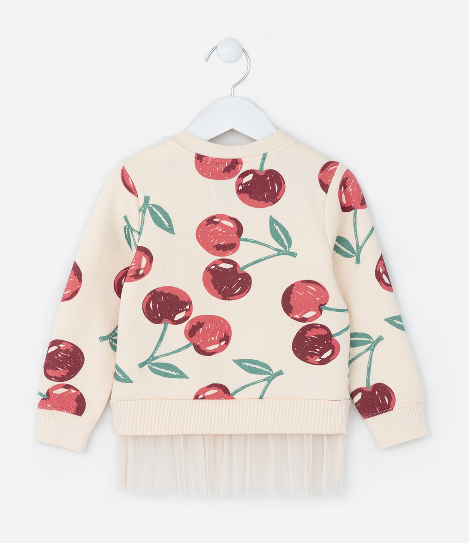 Conjunto em Moletom com Estampa de Cerejas e Babadinho de Tule - Tam 1 a 5/6 Anos Vermelho/Bege 3