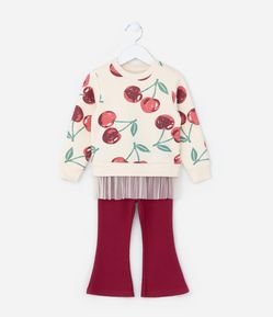 Conjunto em Moletom com Estampa de Cerejas e Babadinho de Tule - Tam 1 a 5/6 Anos