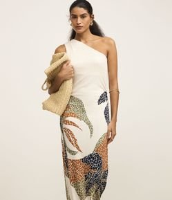 Vestido Mídi em Viscose Um Ombro Só com Estampa de Ladrilhos de Inverno