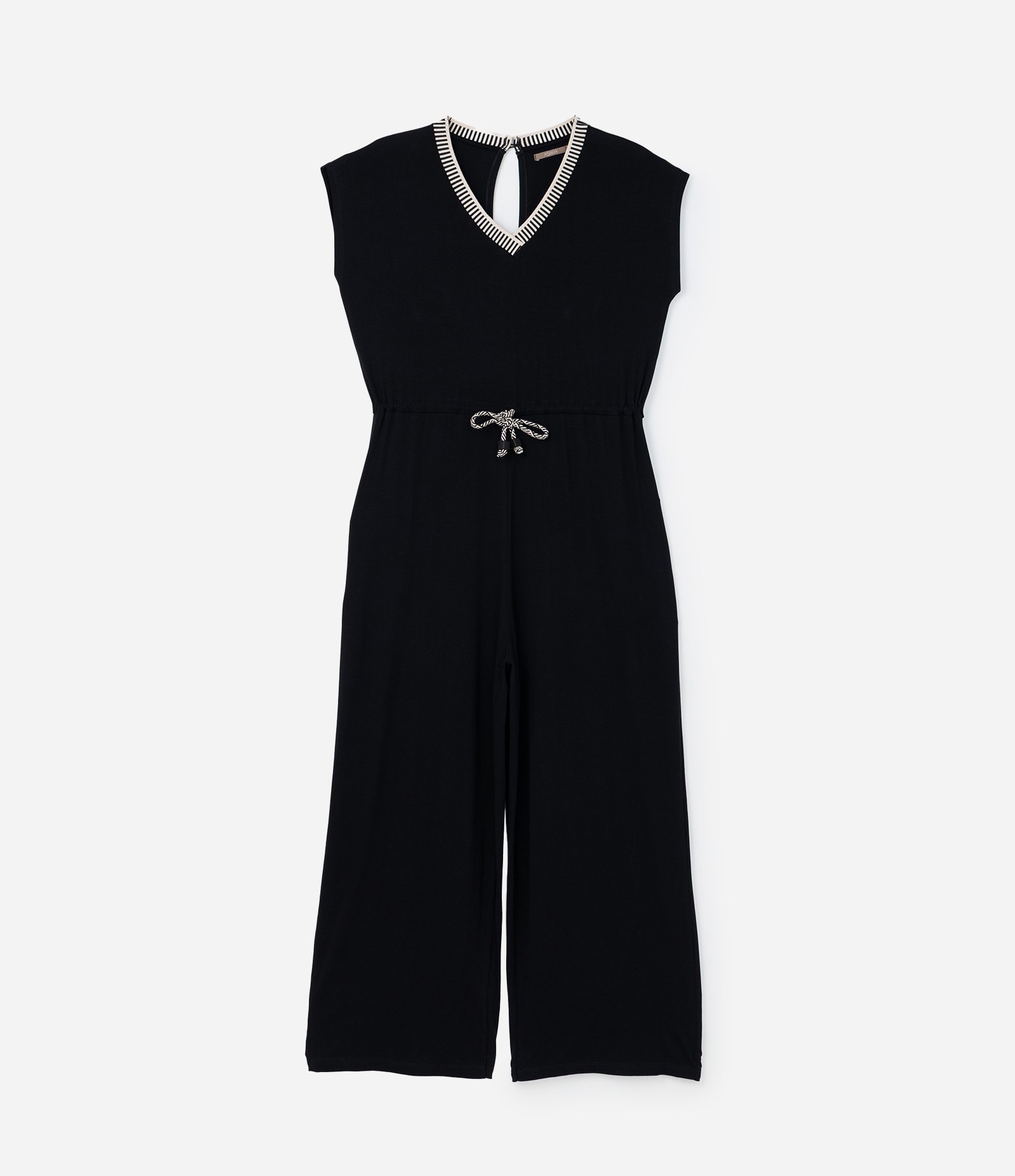 Macacão Longo em Crepe com Gola V de Tricô Curve & Plus Size Preto 4