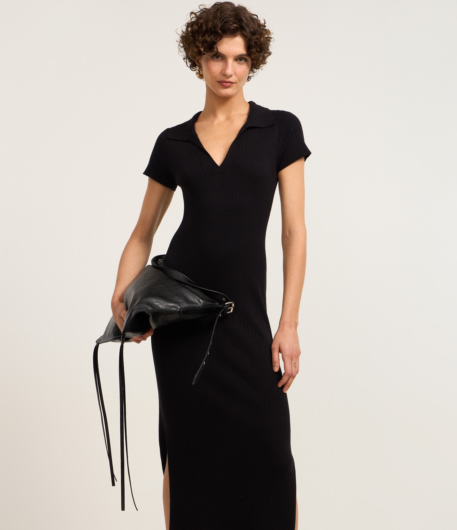 Vestido New Midi em Tricô com Gola Polo Preto 2