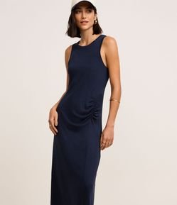 Vestido Evasê Midi em Ribana com Franzido a Barra Assimétrica