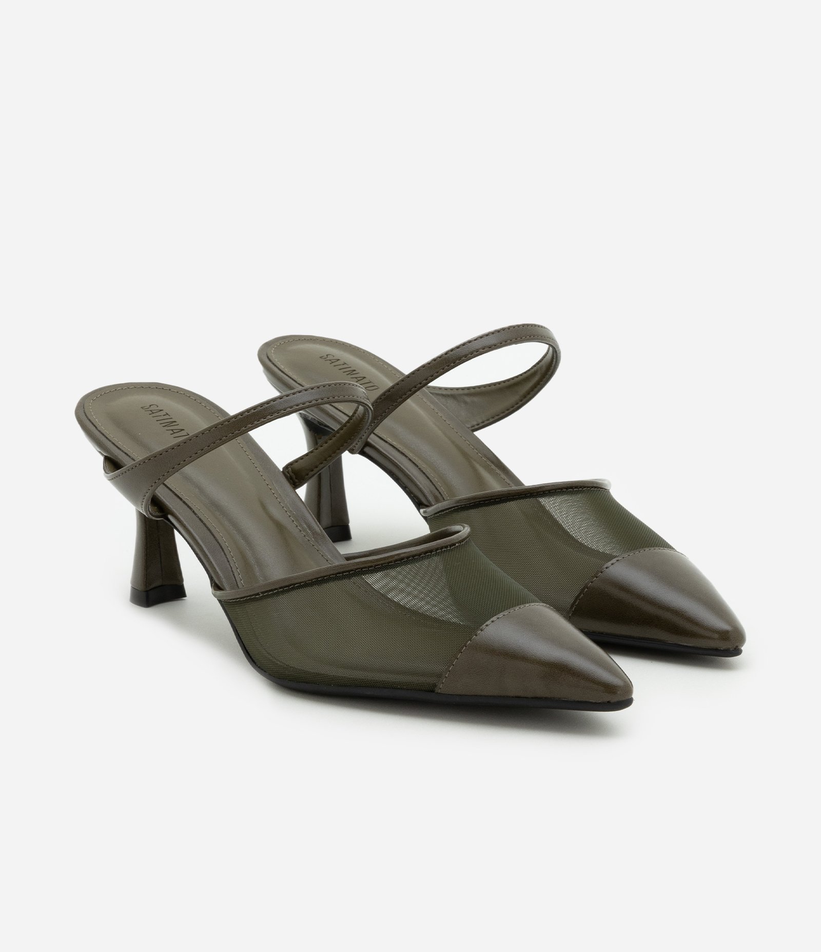 Sapato Scarpin Mule em PU com Detalhe Telinha e Tira Fina Verde Militar 2