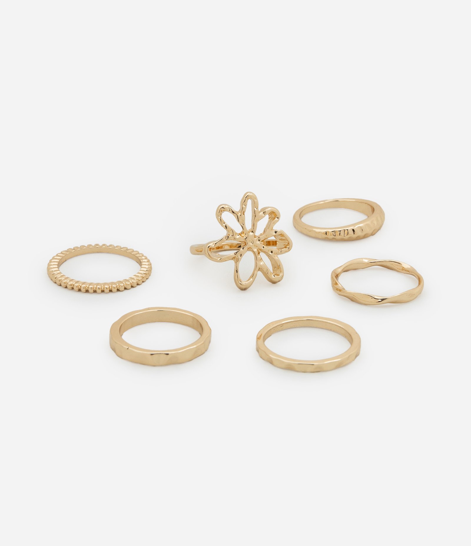 Kit 06 Anéis em Metal com Texturas e Flor Efeito Martelo Dourado 2